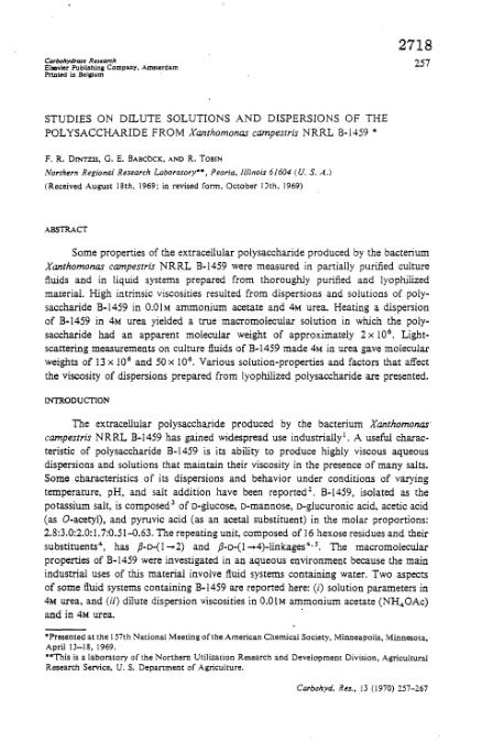 Обкладинка Studies on dilute solutions and dispersion of the polysaccharide from Xanthomonas campestris NRRLB-1459