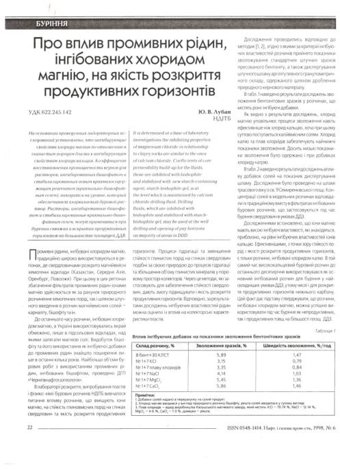 Обкладинка Про вплив промивних рідин, інгібованих хлоридом магнію, на якість розкриття продуктивних горизонтів