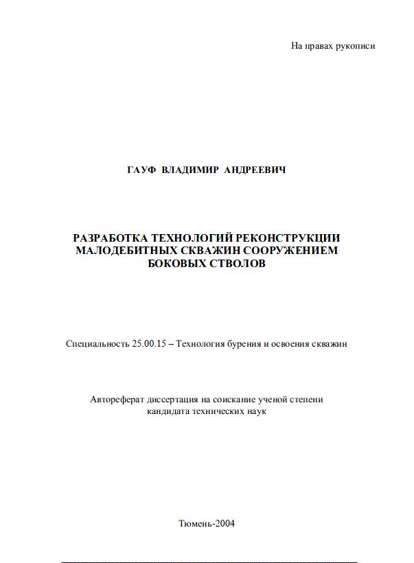 Обкладинка Разработка технологий реконструкции малодебитных скважин сооружением боковых стволов